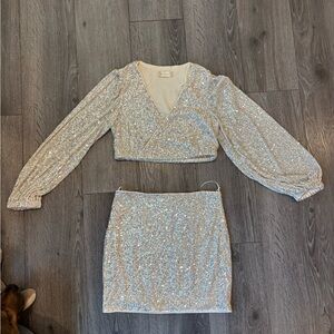 Altrd State Silver Sequin Crop Top and Skirt Set